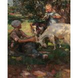 Wilhelm Victor Krausz, Frau und Kind beim Füttern von Ziegen