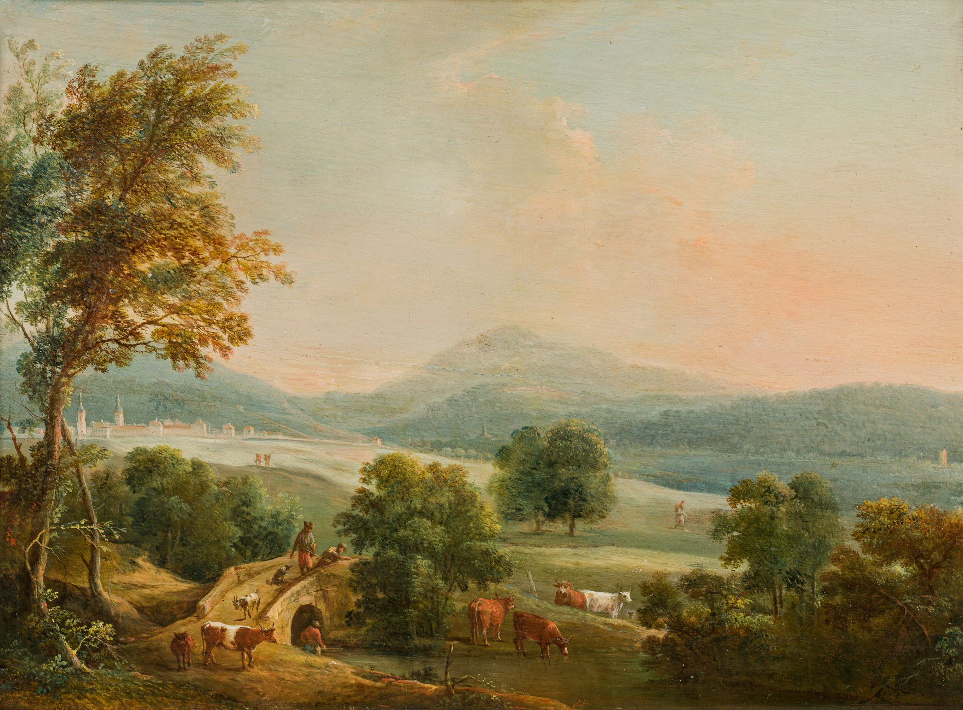 Attributed to Josef Heideloff, Wide landscape with shepherds and flocks (counterparts) - Image 2 of 3