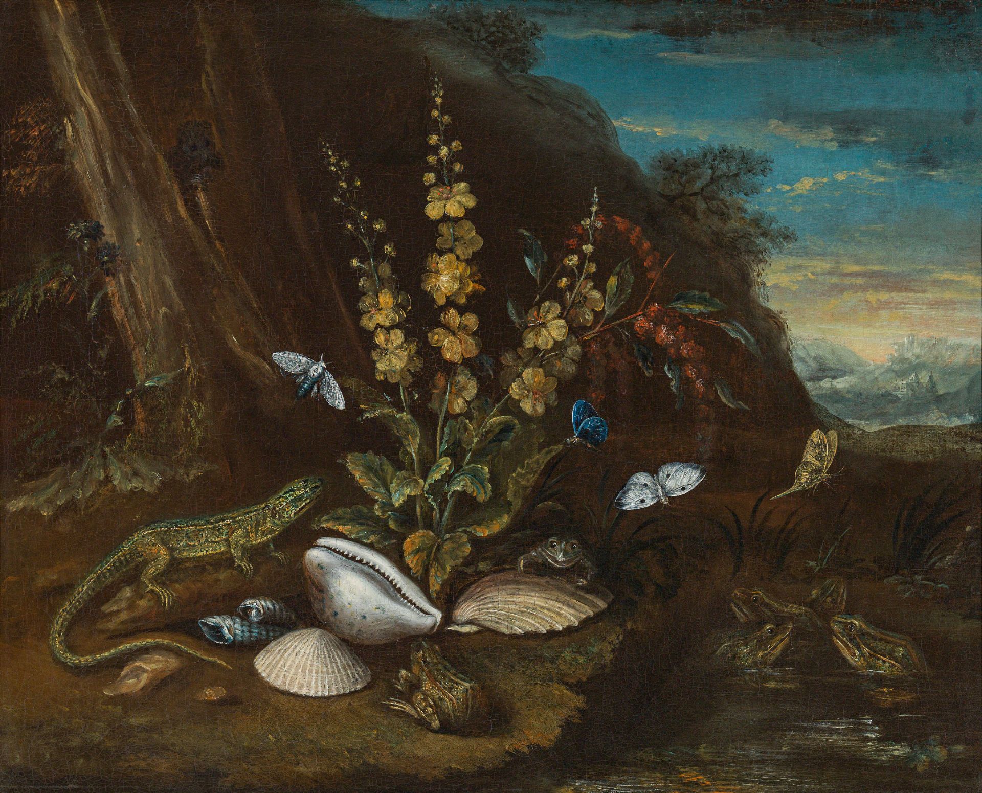 Carl W. de Hamilton, Waldbodenstillleben mit Eidechse, Schmetterlingen und Muscheln