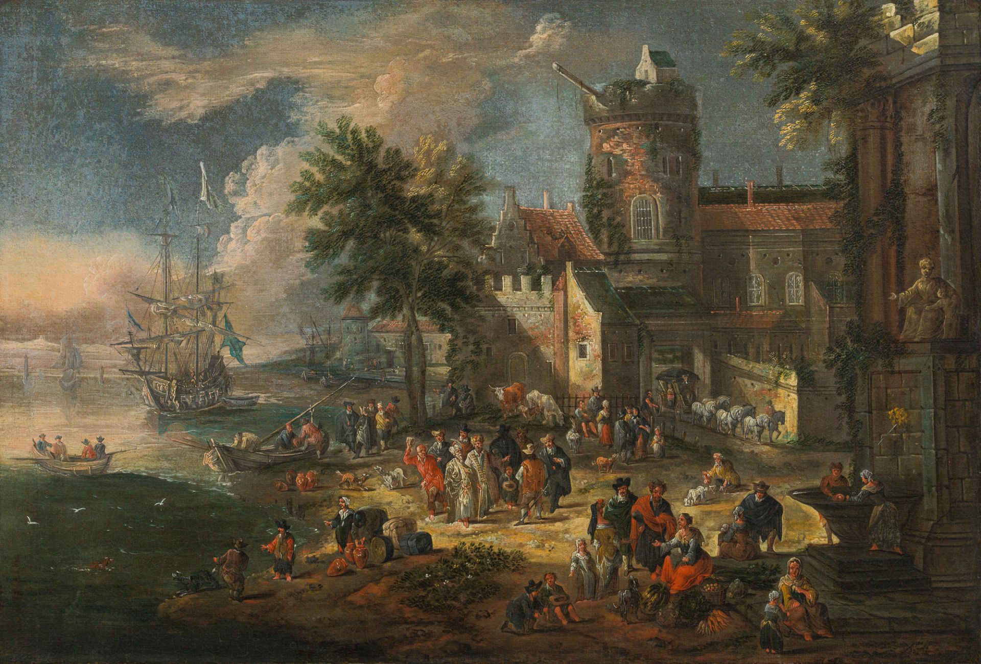 Pieter Casteels II. , Hafenszene mit Kaufleuten und Bauern