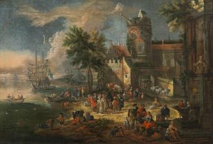 Pieter Casteels II. Harbour scene with merchants and farmersoil on canvas28.5 x 41.5 cmsince c. 1900