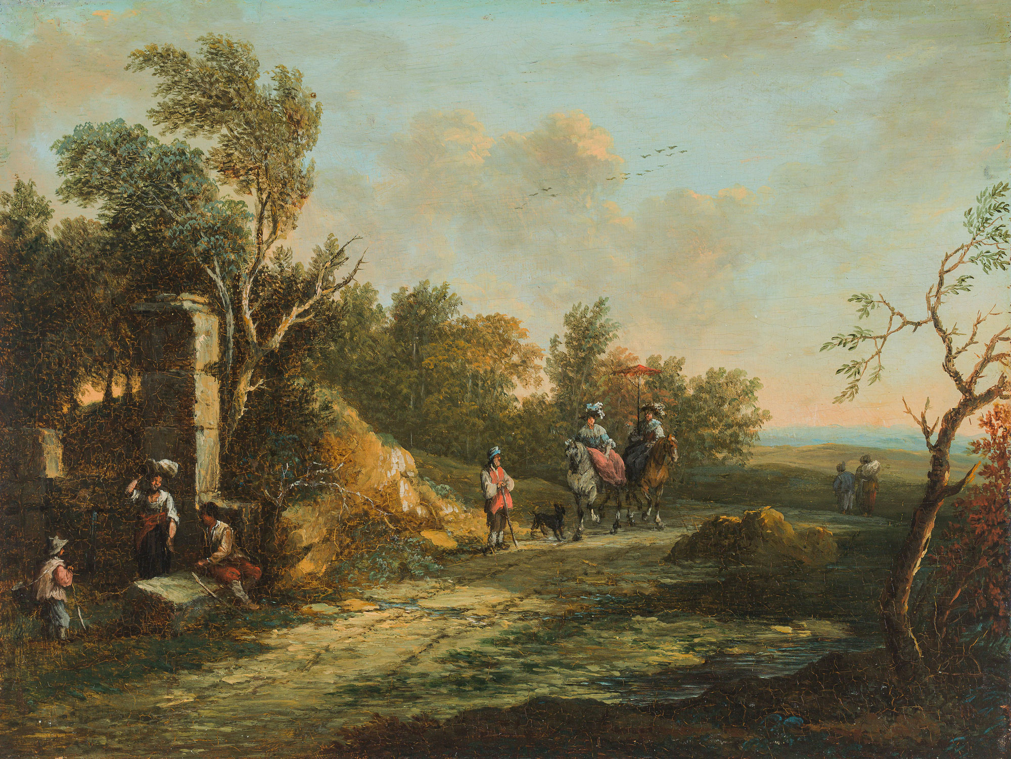 Circle of Christian Hilfgott Brand, Landscape with travellers and farmers at a well (counterparts) - Image 2 of 3