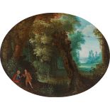 Adriaen van Stalbemt, Waldlandschaft mit der Versuchung Christi