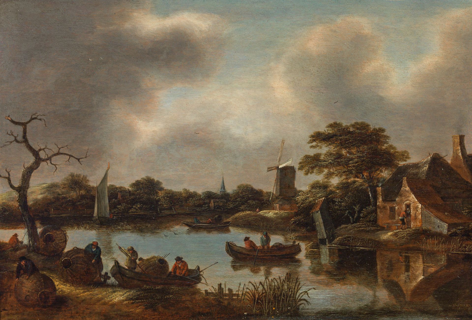 Klaes Molenaer, Flusslandschaft mit Fischerbooten und Windmühle