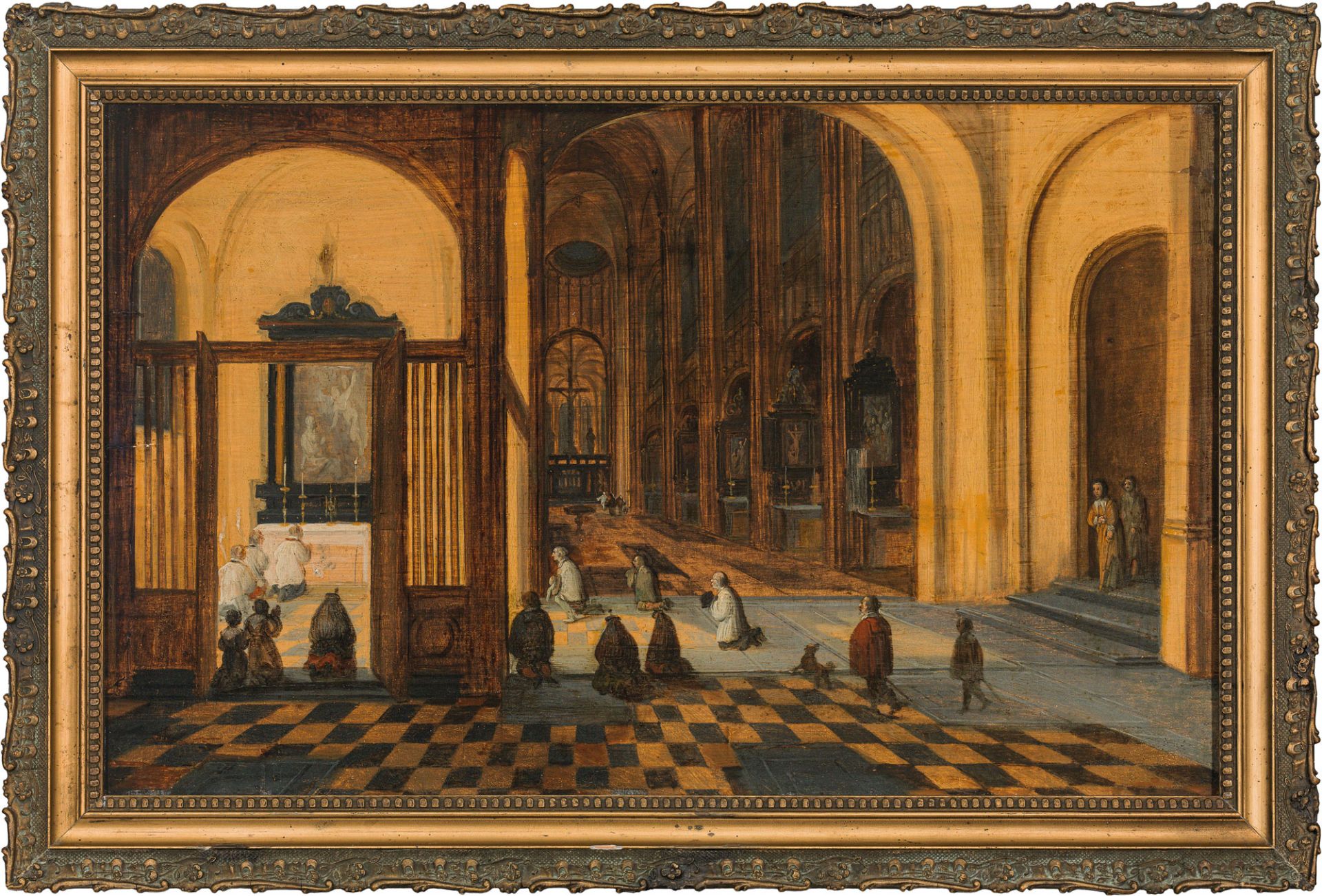 Studio of Pieter Neeffs the Elder, Interior of a Gothic church with service in a side chapel - Image 2 of 2