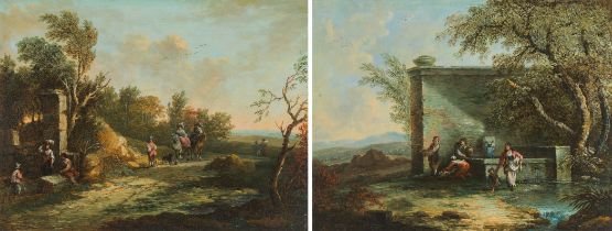 Circle of Christian Hilfgott Brand, Landscape with travellers and farmers at a well (counterparts)