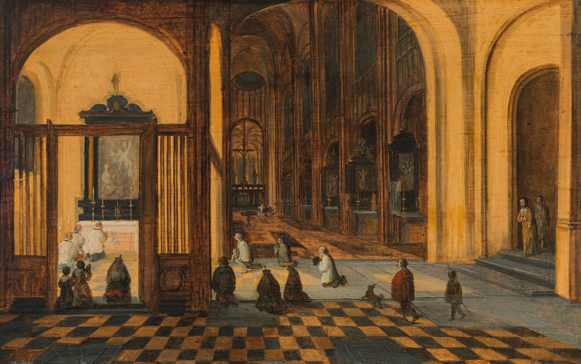 Studio of Pieter Neeffs the Elder, Interior of a Gothic church with service in a side chapel