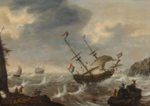 Jacob Adriaensz BellevoisShips on a rough sea in front of a rocky coastoil on panel, parqueted57 x