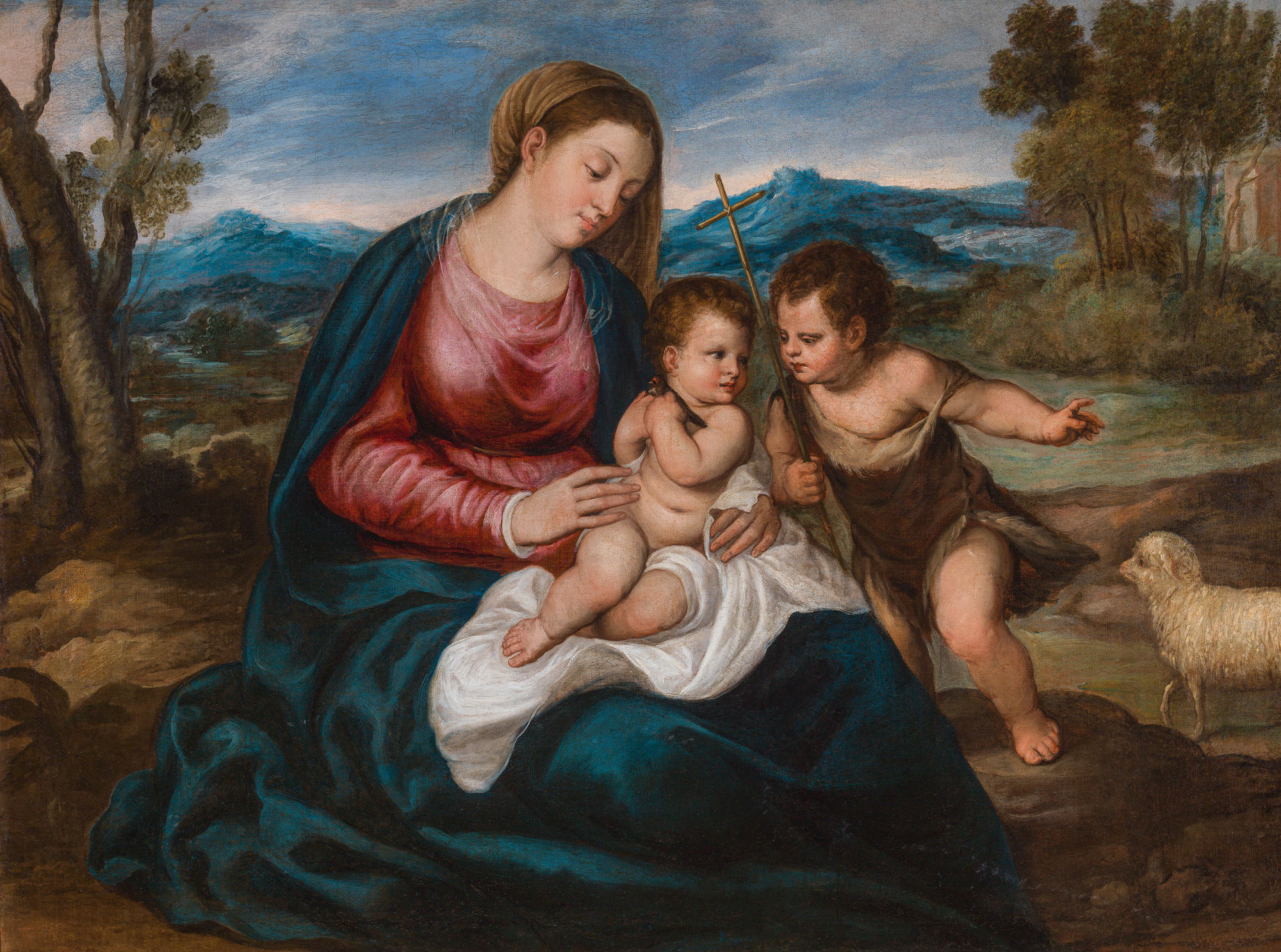 Follower of Tiziano Vecellio, called Titian, Madonna with child and Infant Saint John the Baptist