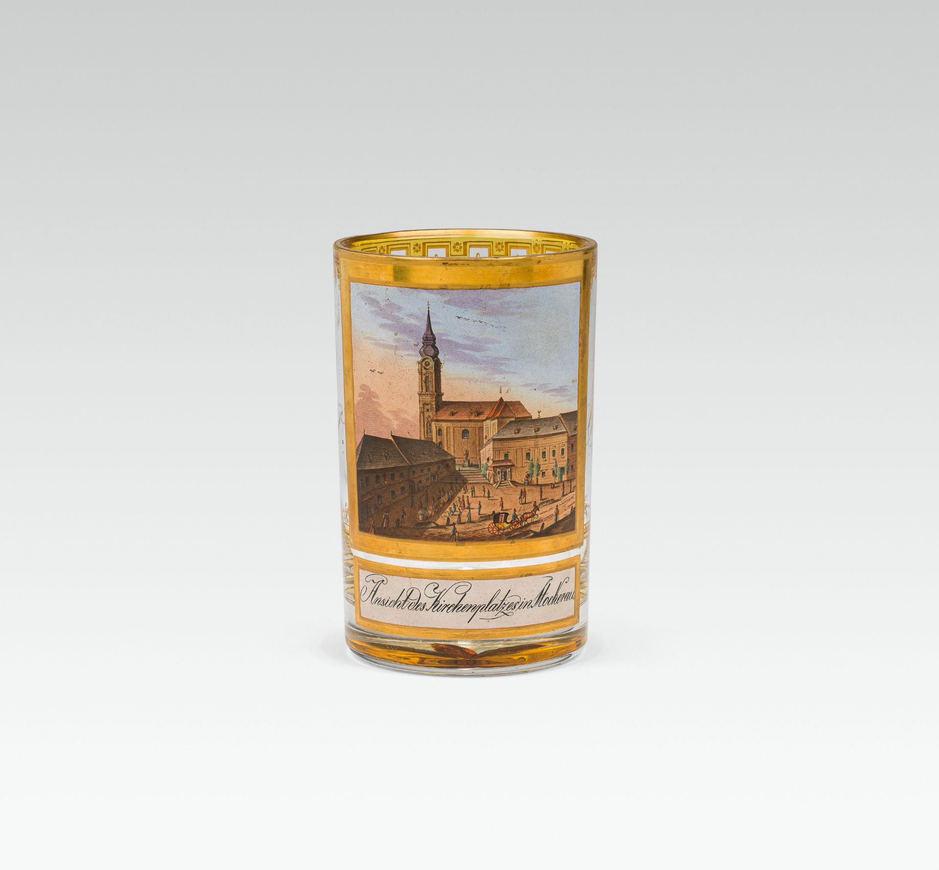 Anton KothgasserBig beaker "Kirchenplatz in Stockerau"colourless glass, partly yellow stained;