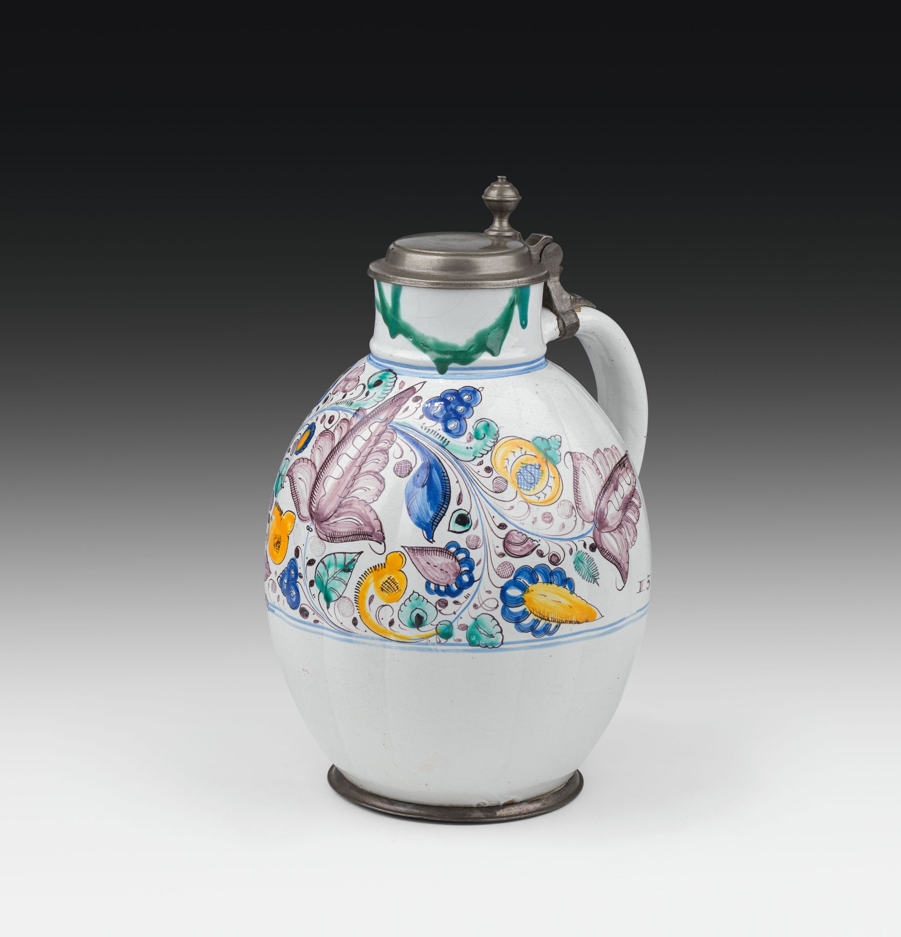 Big Habaner jugfaience, light shard, colourfully painted and glazed; dated "17/13"; lid marked on - Image 2 of 2