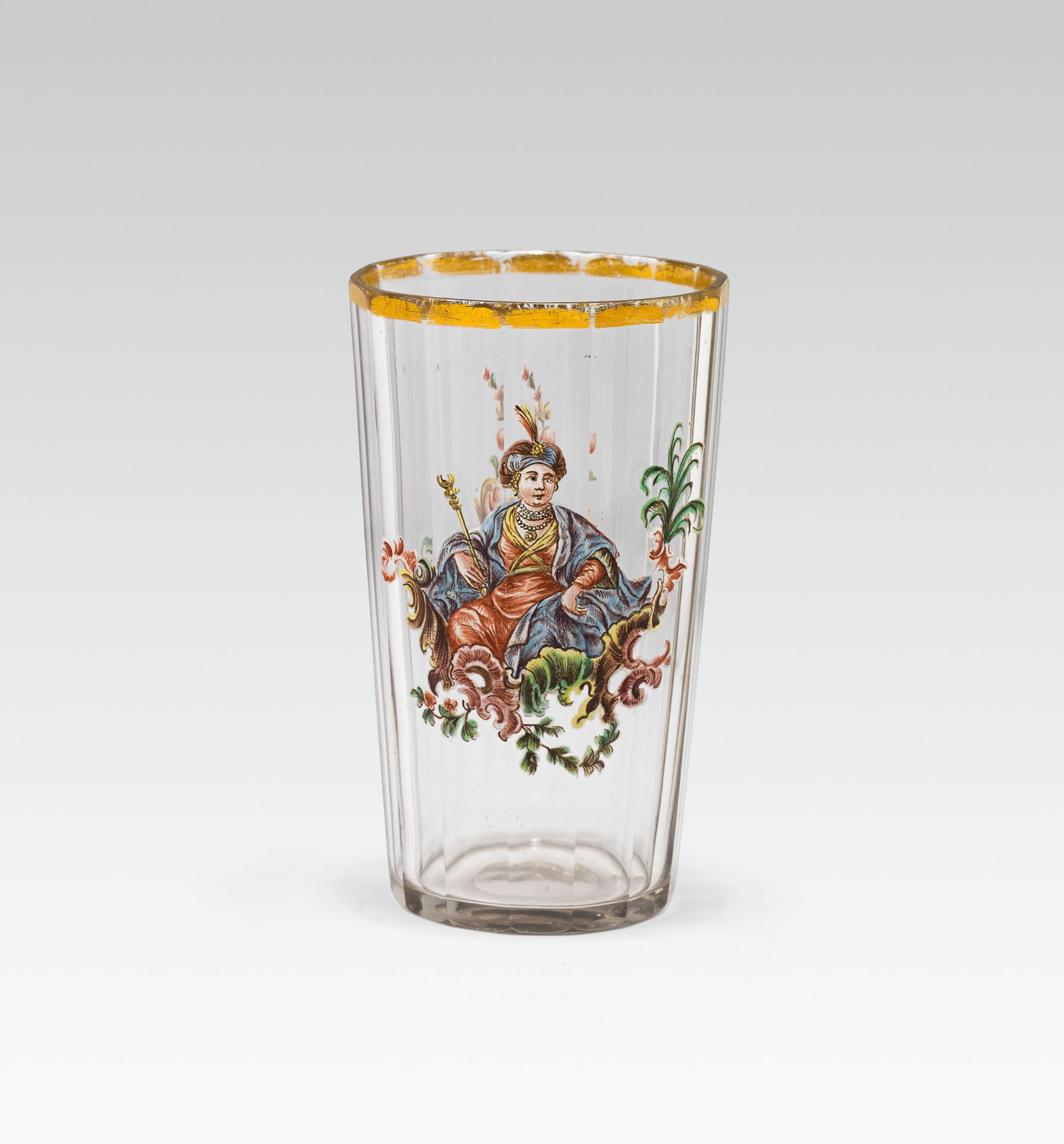 Beakercolourless glass, polished, enamel colourh. 12.6 cm