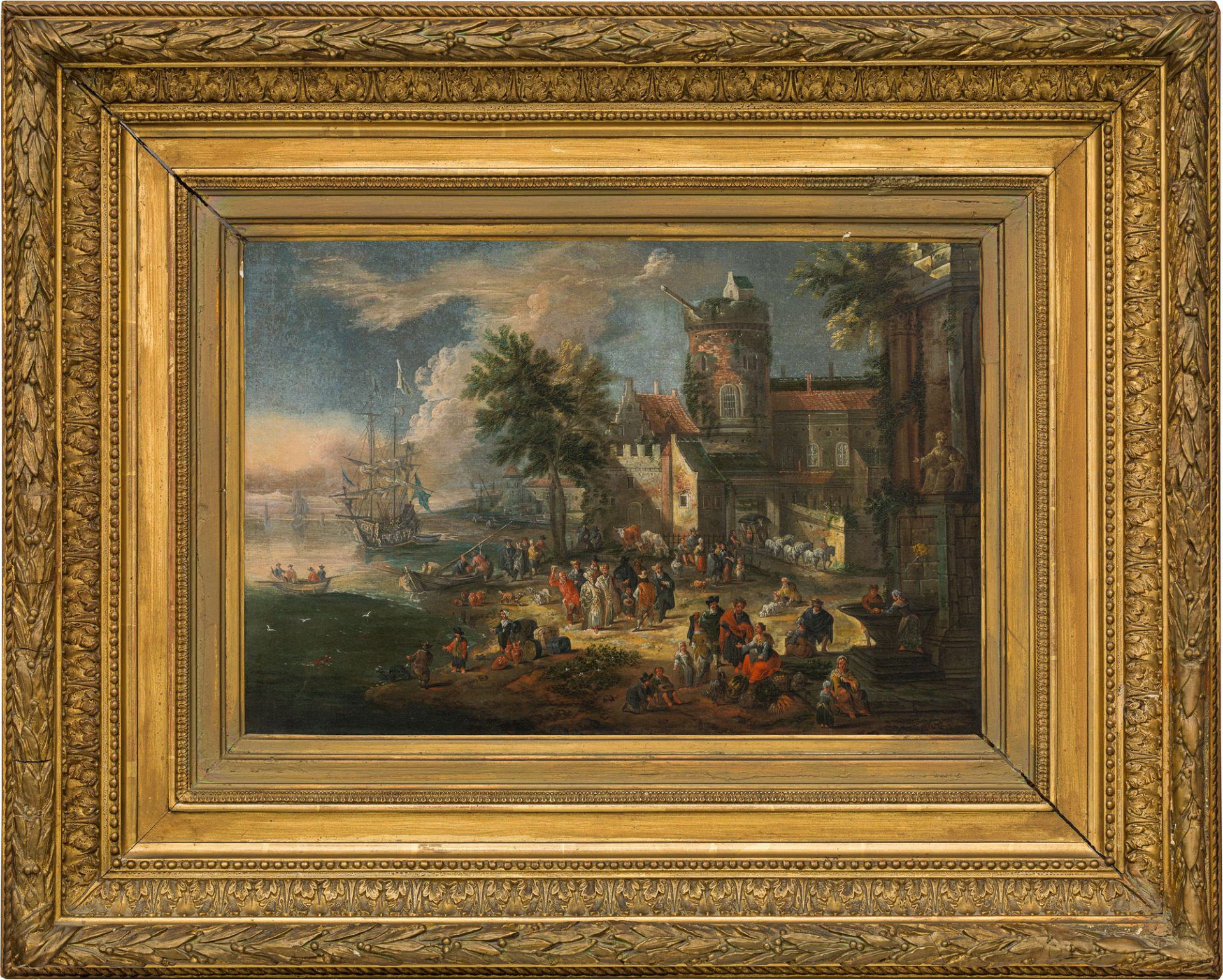 Pieter Casteels II. Harbour scene with merchants and farmersoil on canvas28.5 x 41.5 cmsince c. 1900 - Image 2 of 2