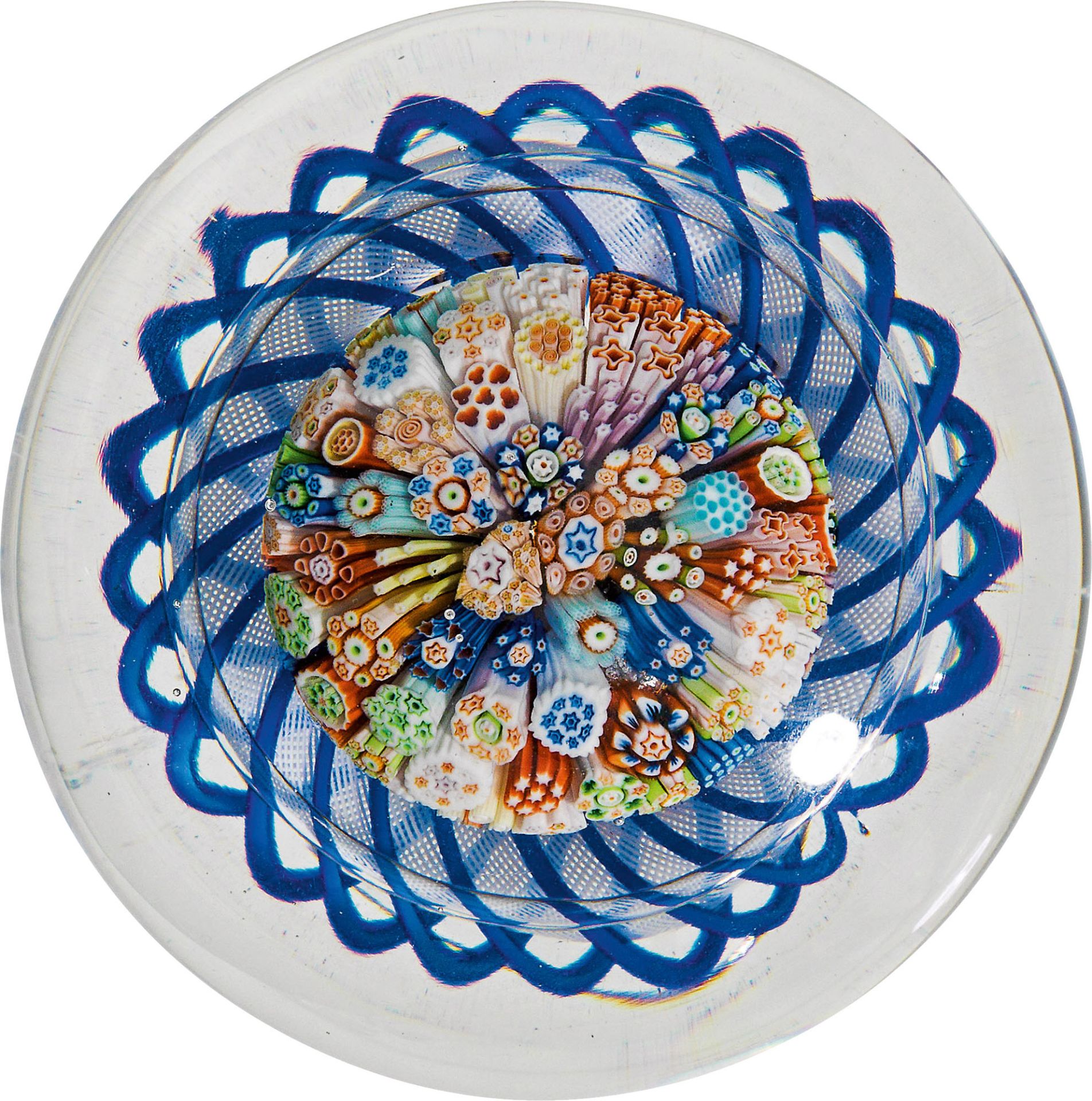 Paperweight with spiralglass, stylized flower bouquet of millefiori-canes, clear glass domeh. 4.5