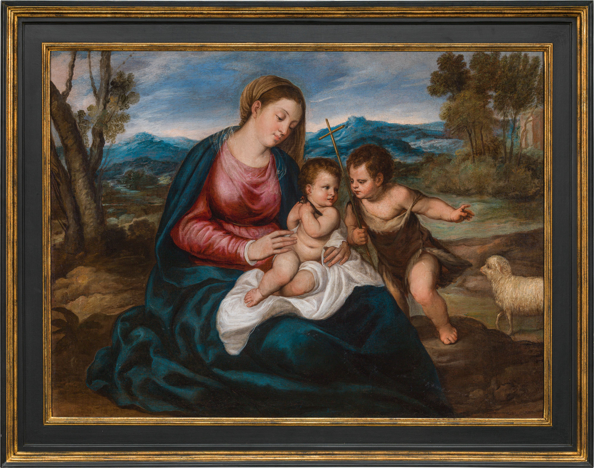 Follower of Tiziano Vecellio, called Titian, Madonna with child and Infant Saint John the Baptist - Image 2 of 2