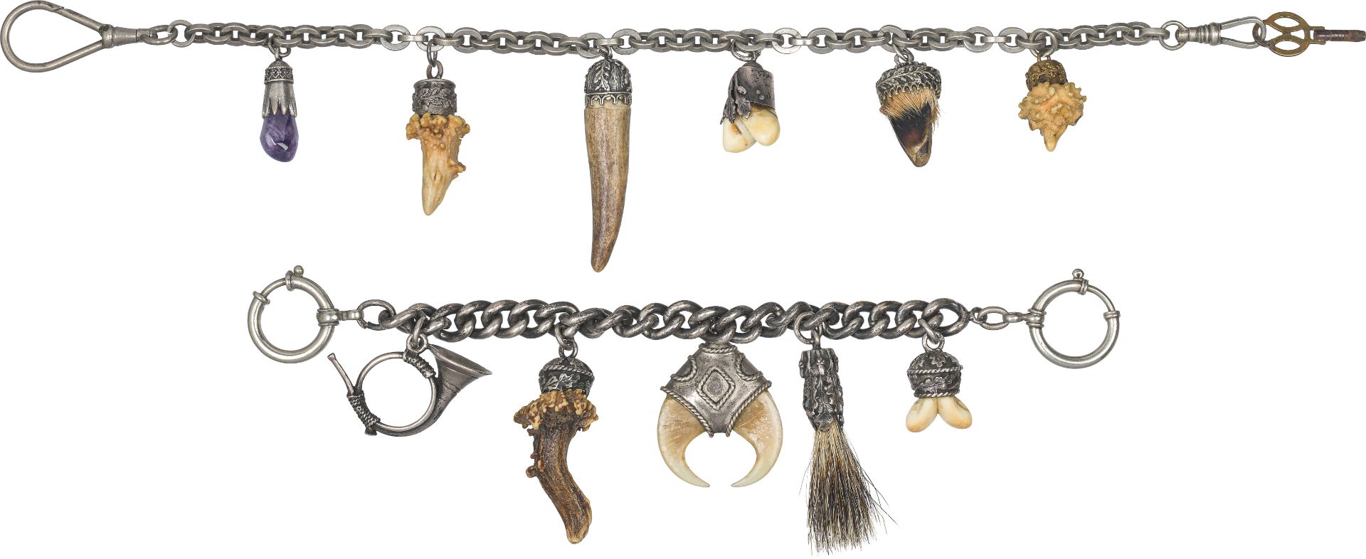 2 Fob chains with 12 pendantssilver, horn, amethyst, teeth, goatsbeard; 2 fob chains with 12