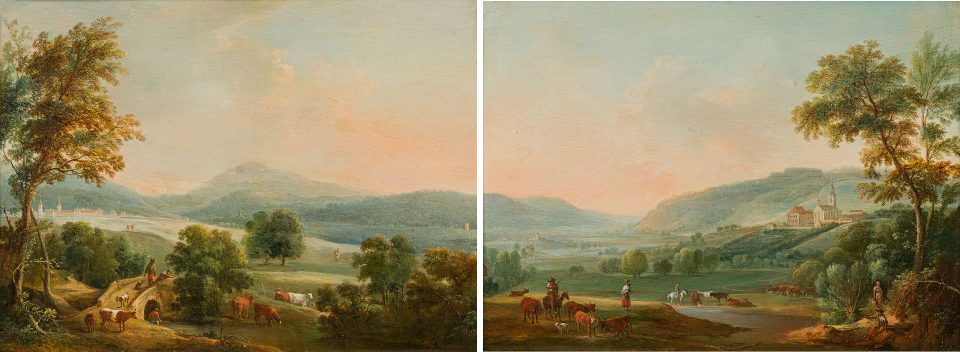 Attributed to Josef Heideloff, Wide landscape with shepherds and flocks (counterparts)