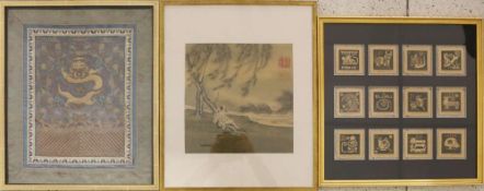 Konvolut von 3 Bilder, wohl China, 20. Jh., bestehend aus: Chinesischer Tierkreis, Wanderer bei der