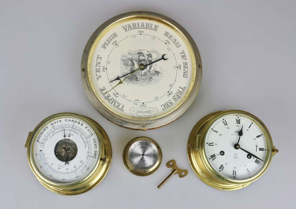 Konvolut Wetter: Chronometer, Hygrometer, Barometer.