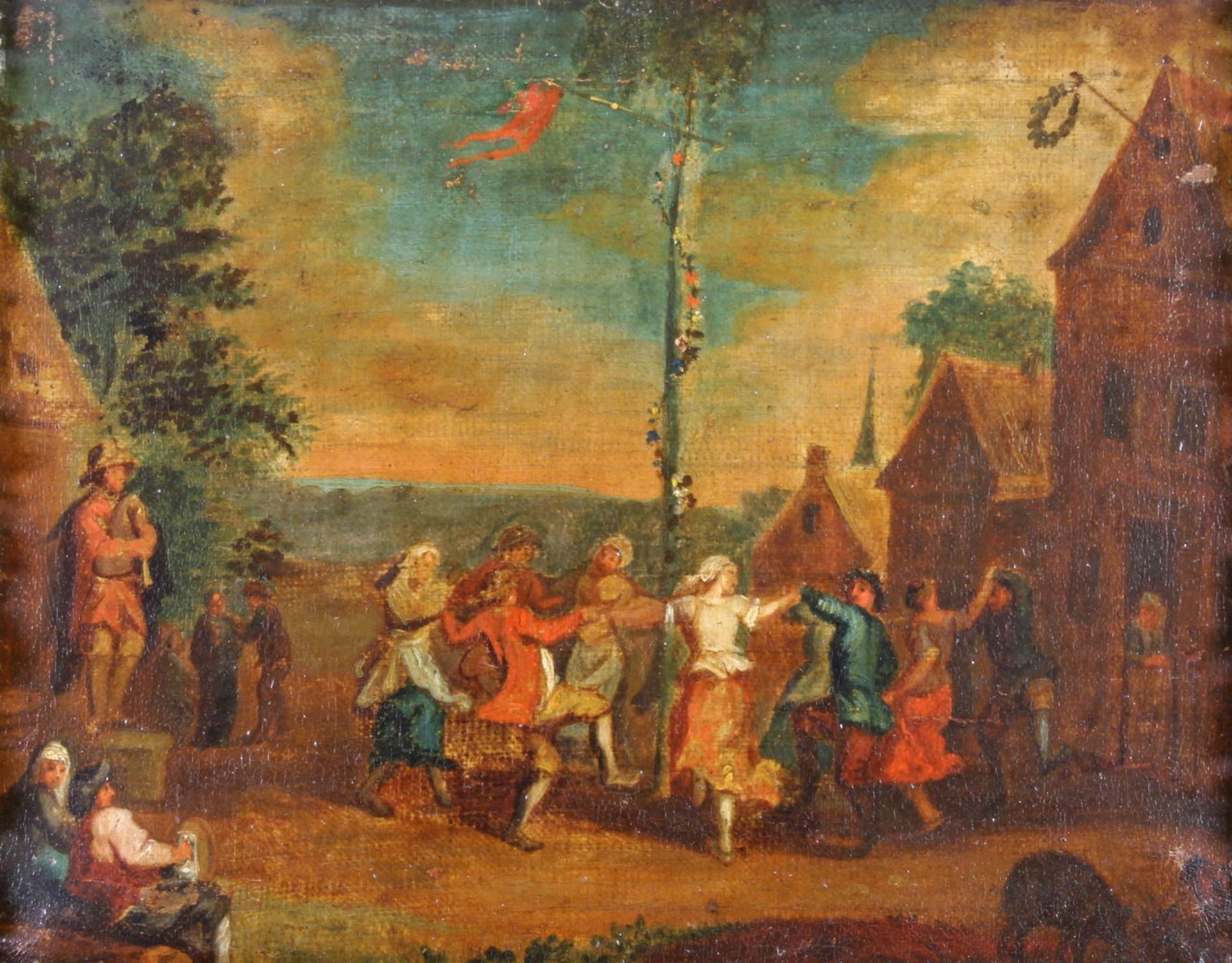 Genremaler (18. Jh.), "Bauerntanz", Öl auf Holz, doubliert, 27.5 x 34 cm, stark verpresst, kleine