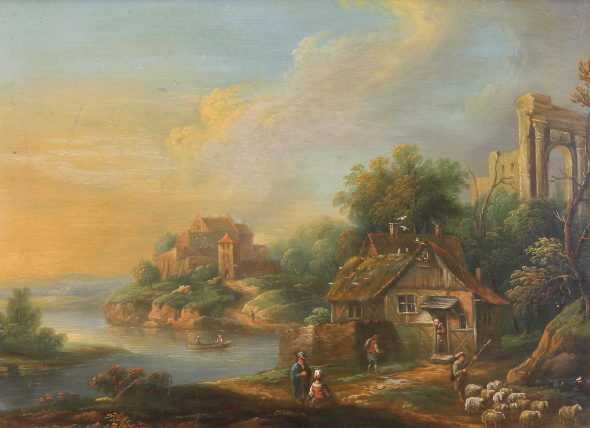 Niederländischer Landschaftsmaler (18./19. Jh.), "Flusslandschaft", Öl auf Holz, 22.5 x 30.5 cm,