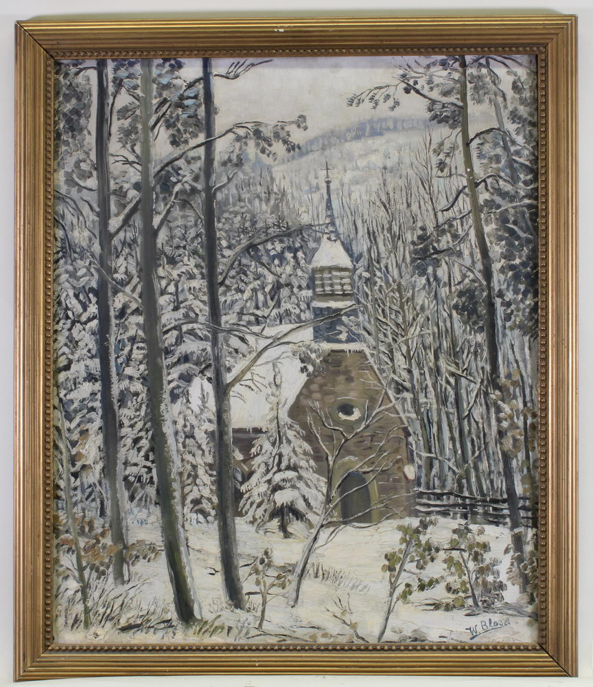 Bloos, Willy (1884 - 1959, Bruder des Richard Bloos, Landschaftsmaler), "Kapelle im Schnee", Öl au - Image 2 of 4
