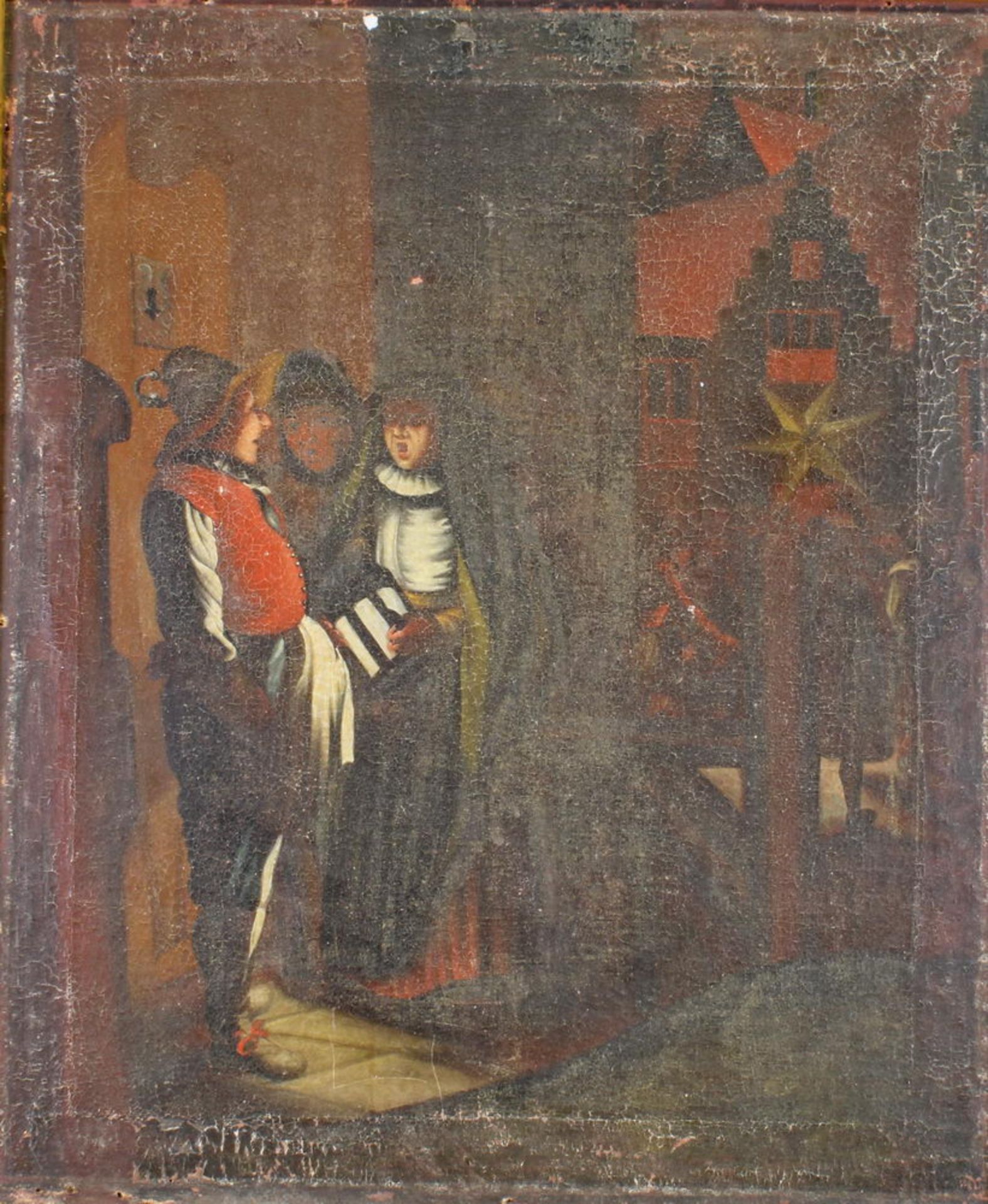 Deutscher Künstler (18./19. Jh.), "Der Nachtwächter", Öl auf Leinwand, 81 x 68 cm, verso altes K