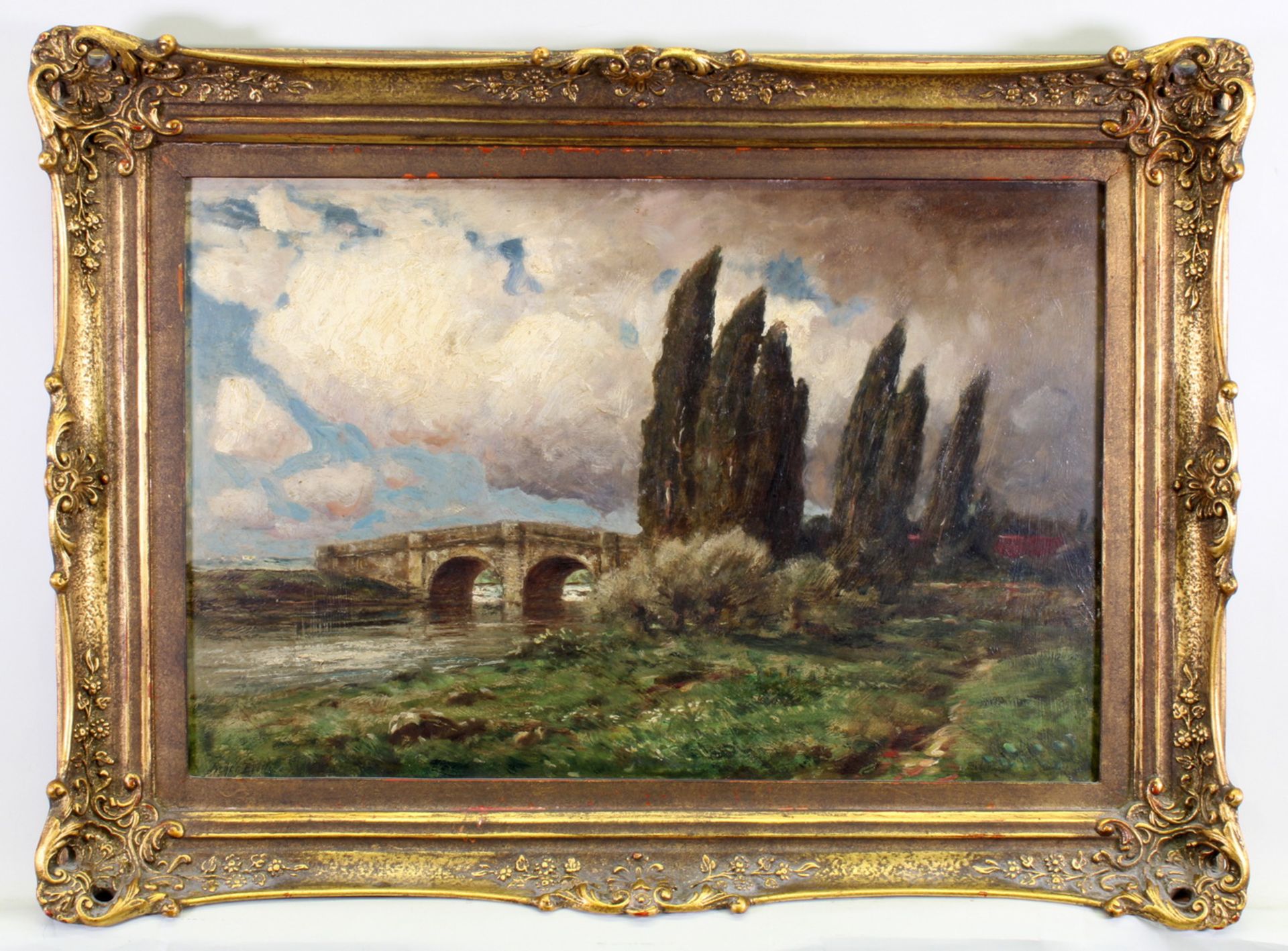 Reder-Broili, Franz (1854 Mellrichstadt - 1918 München), "Landschaft mit Brücke", Öl auf Malkart - Image 2 of 4