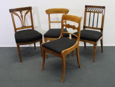 4 verschiedene Stühle, um 1800/19. Jh., verschiedene Hölzer, jeweils mit Sitzpolster, Gebrauchssp