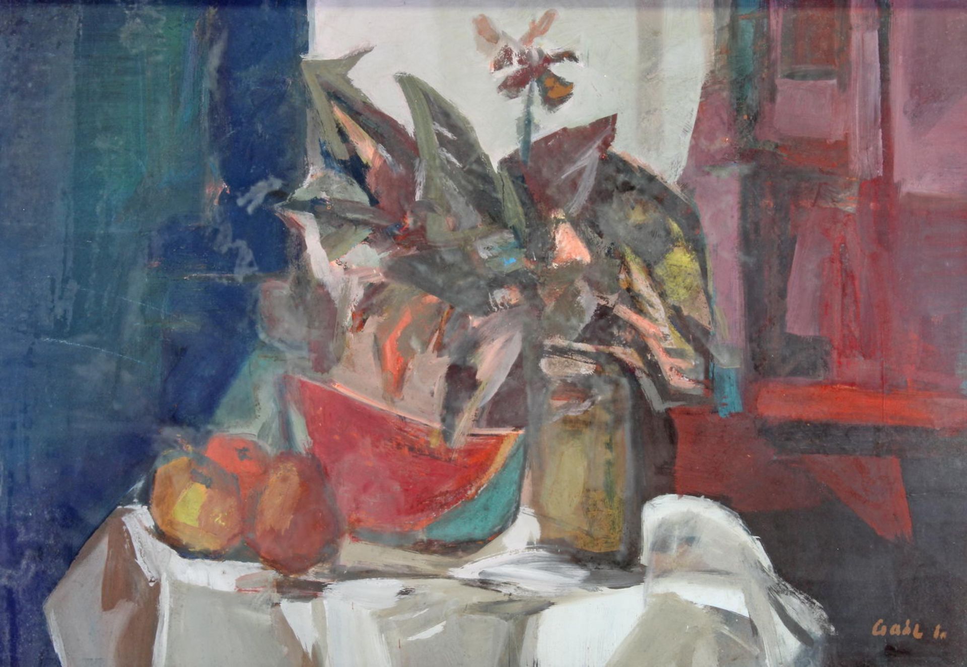 Gaal, Imre (1922 Budapest - 1964, ungarischer Maler), "Stillleben mit Obst und Blumen", Mischtechni