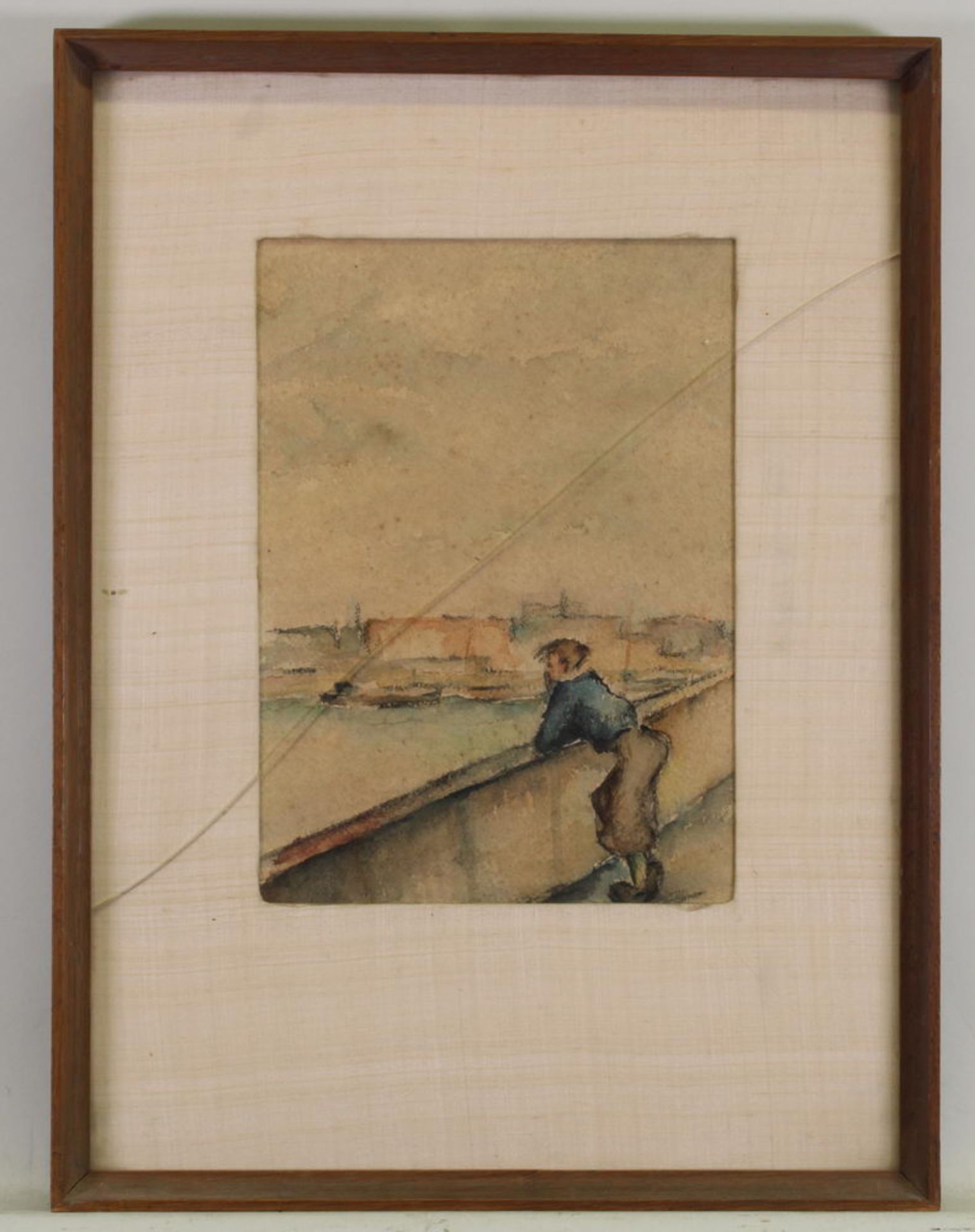 Unbekannter Künstler (20. Jh.), "Blick auf die Stadt", Aquarell auf Papier, unter Glas gerahmt, 26 - Image 2 of 3