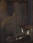 Niederländischer Landschaftsmaler (17. Jh.), "Enten auf einem Teich vor einer Bauernhütte", Öl a