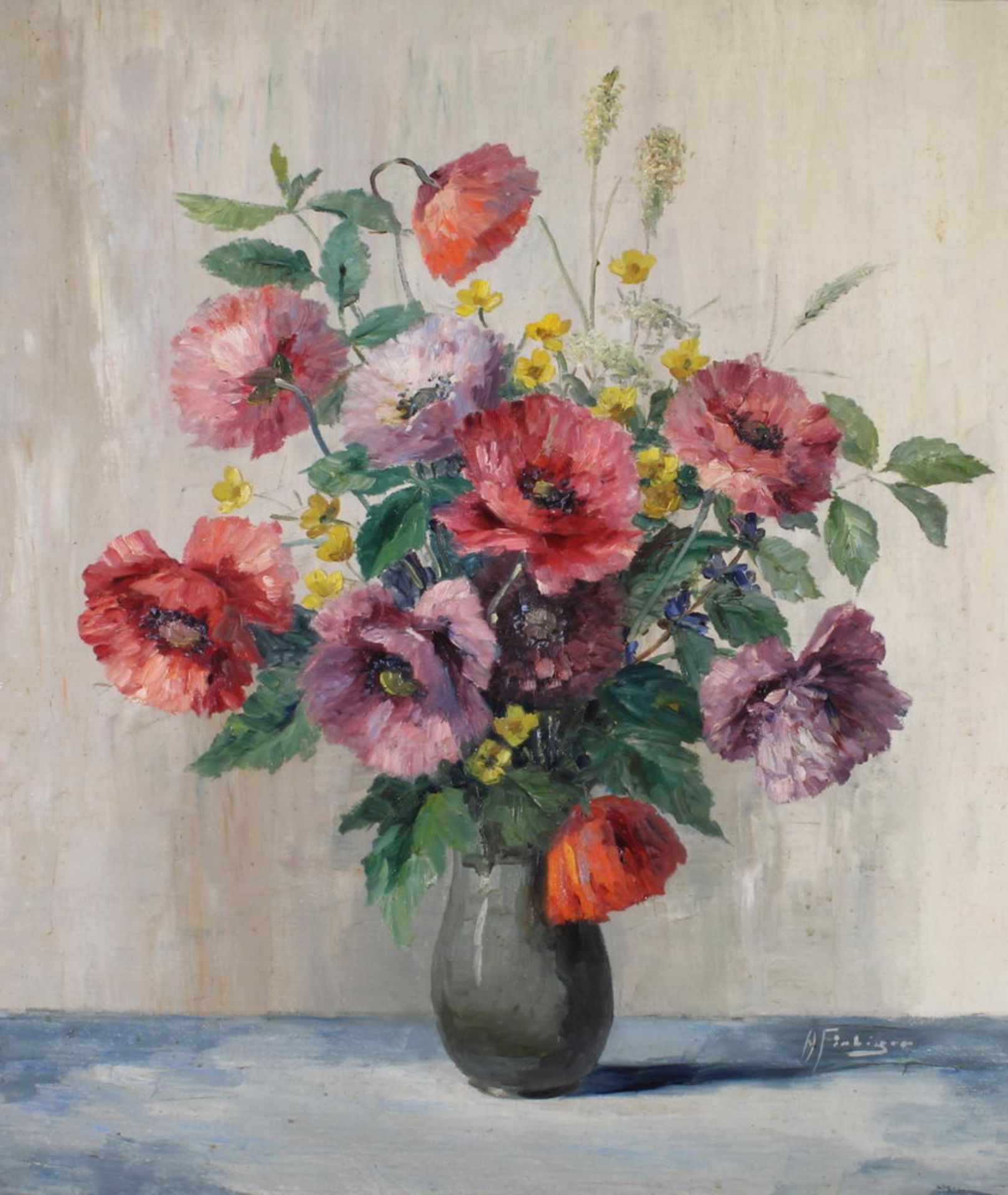 Fiebiger, Helmut (1928 Haan - 2003, deutscher Künstler), "Blumenbouquet mit Mohnblumen", Öl auf L