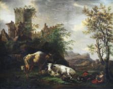 Roos, Johann Heinrich (1631 Otterberg - 1685 Frankfurt), in der Art, "Weidende Kühe vor Burgruine"