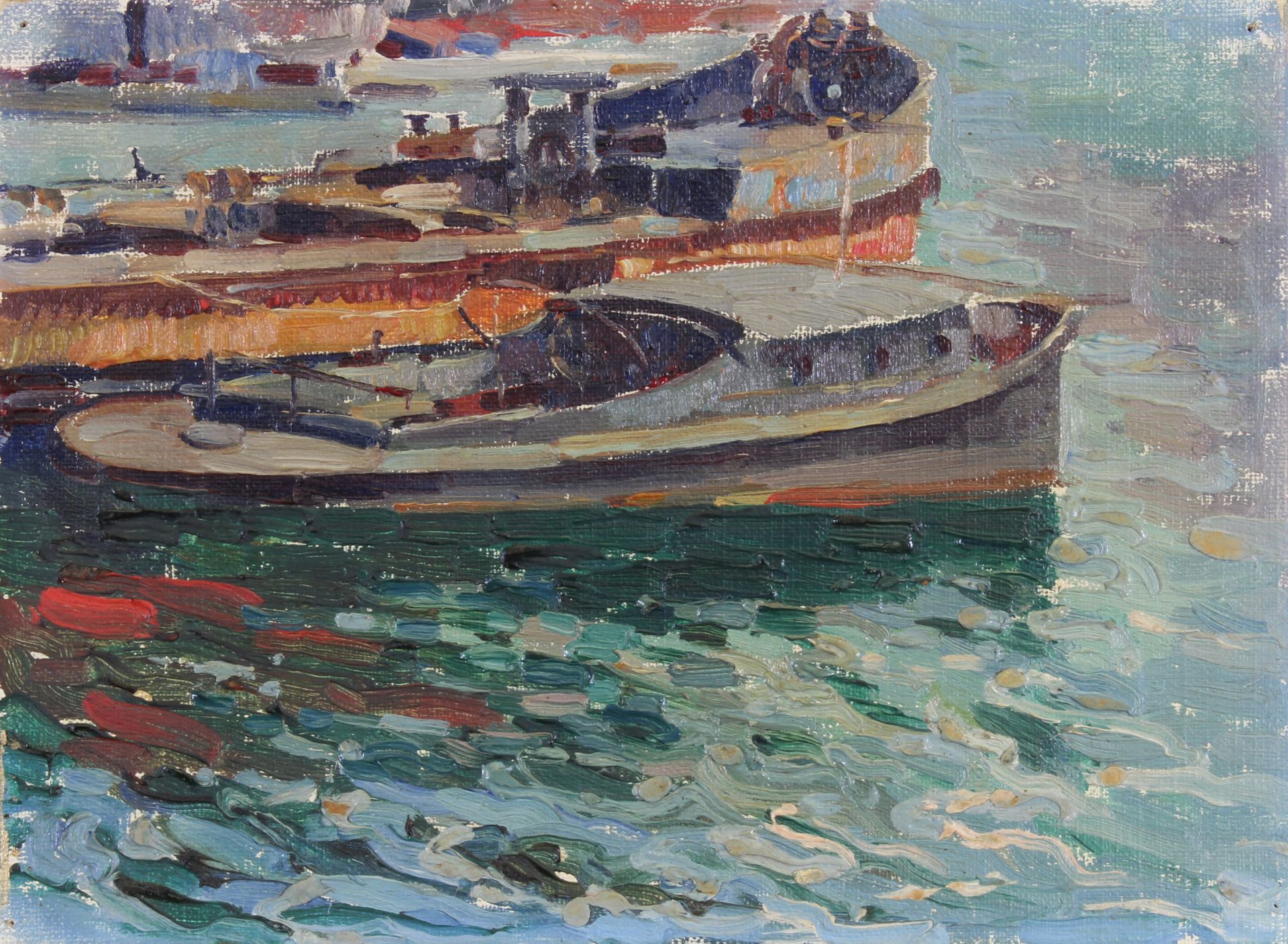 Landschaftsmaler (wohl Russland, Anfang 20. Jh.), "Boote", Öl auf Leinwand, auf Karton
