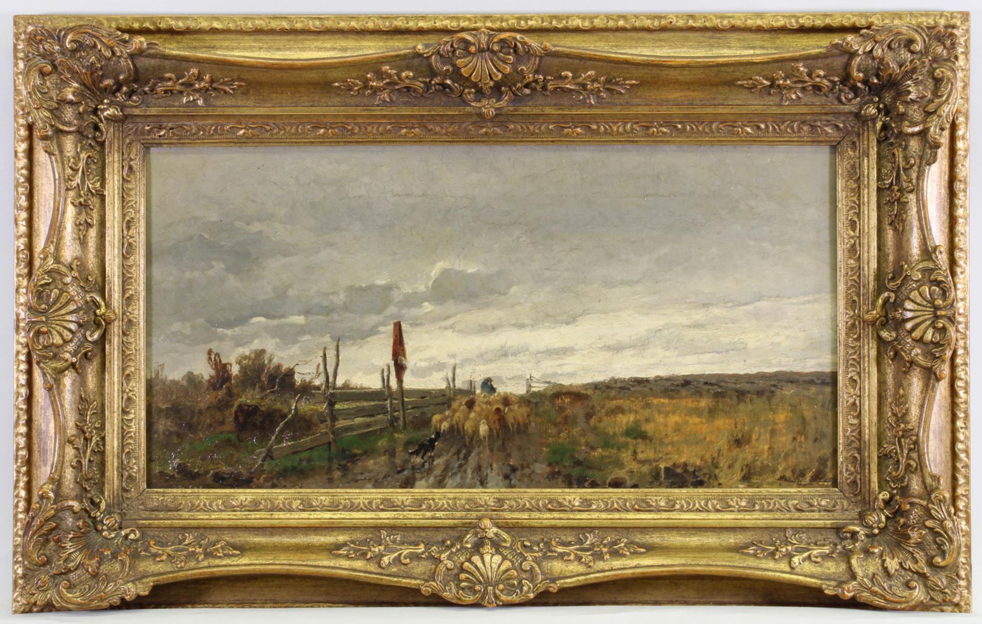 Undeutlich signiert (19./20. Jh.), "Landschaft mit Schafsherde", Öl auf Leinwand, undeutlich signi - Image 2 of 4