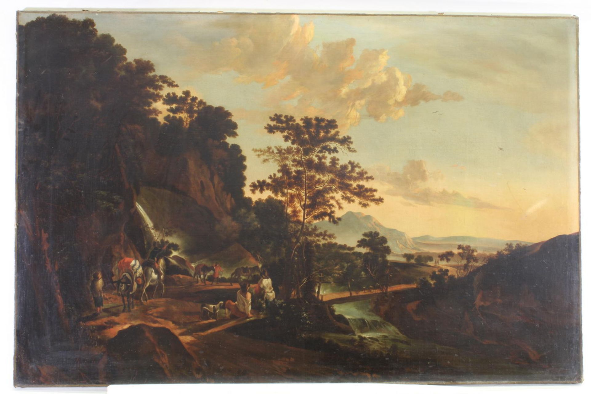 Niederländischer Landschaftsmaler (17. Jh.), "Südliche Landschaft mit Reisenden", Öl auf Leinwan - Image 3 of 6