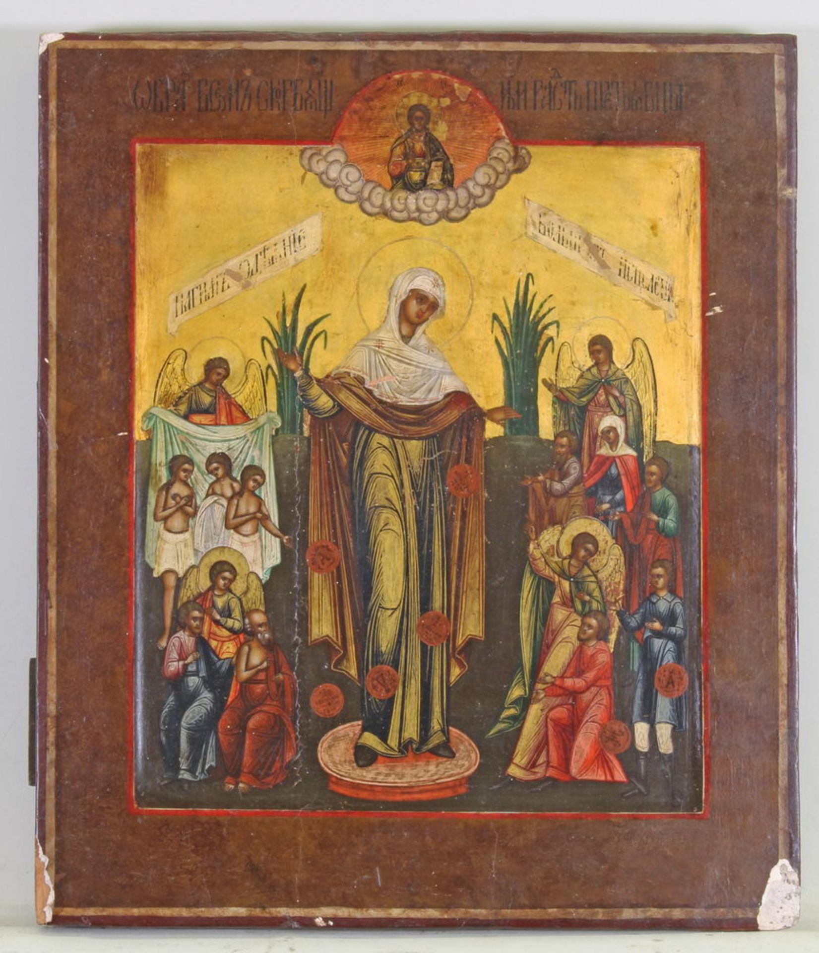 Ikone, Tempera auf Holz, "Gottesmutter Freude aller Leiden", Russland, 19. Jh., 31 x 27 cm, beschä