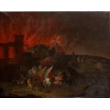Wohl Deutscher Maler (17. Jh.), "Brennende antike Stadt bei Nacht", Öl auf Leinwand, doubliert, 11