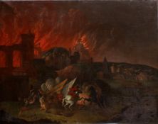 Wohl Deutscher Maler (17. Jh.), "Brennende antike Stadt bei Nacht", Öl auf Leinwand, doubliert, 11