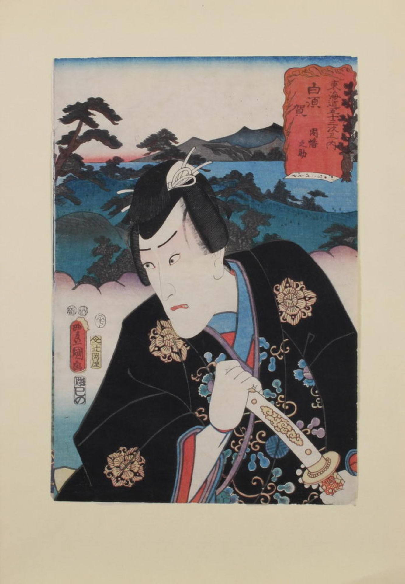 Farbholzschnitt, "Schauspieler", Japan, 19. Jh., Utagawa Kunisada (1786-1865), aus der Serie der 53