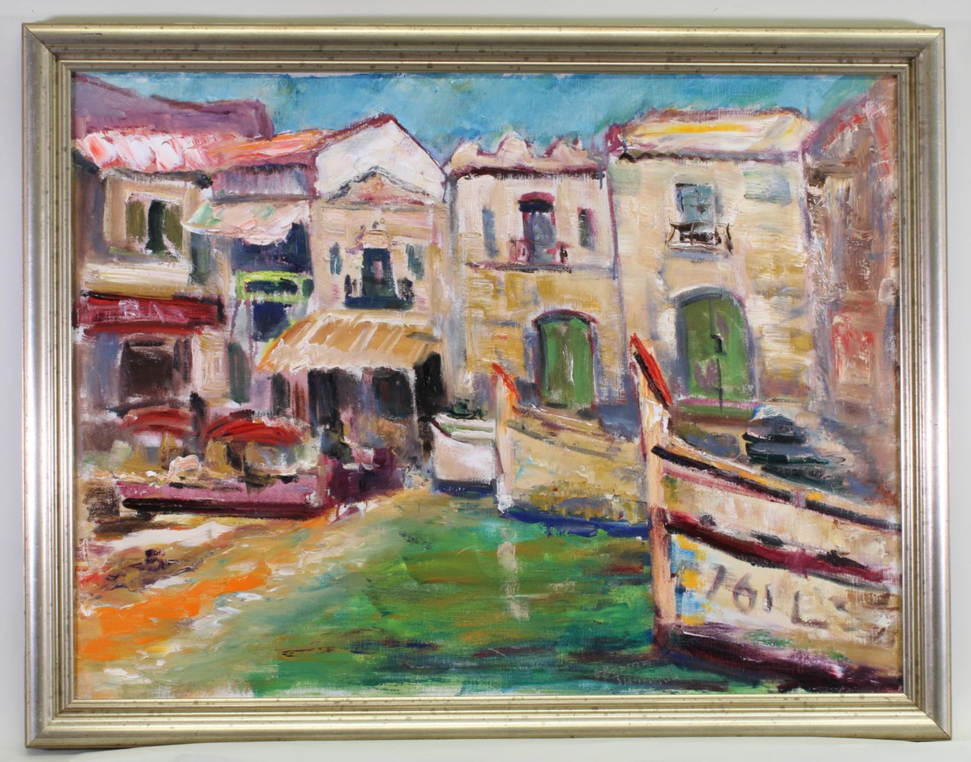 Italienischer Künstler (20. Jh.), "Ansicht eines südlichen Hafens", Öl auf Leinwand, signiert re - Image 3 of 4
