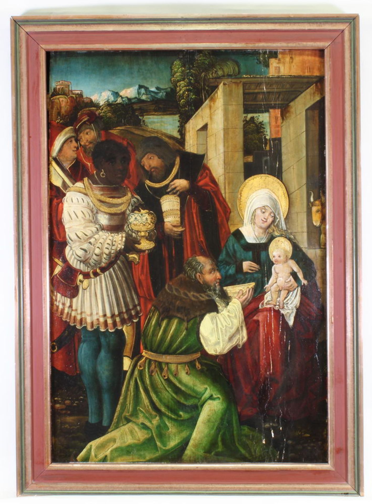 Süddeutscher Meister (um 1500), "Anbetung der Könige", Öl auf Holz, 78 x 53 cm, verso alt bezeic - Image 2 of 3