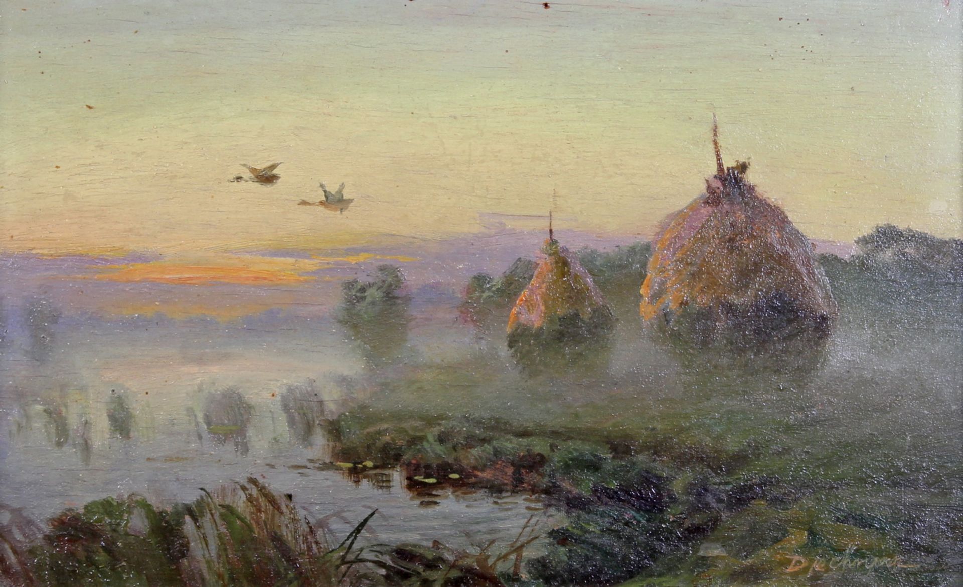 Undeutlich signiert (19. Jh.), "Sonnenaufgang am See", Öl auf Holz, undeutlich signiert unten rech