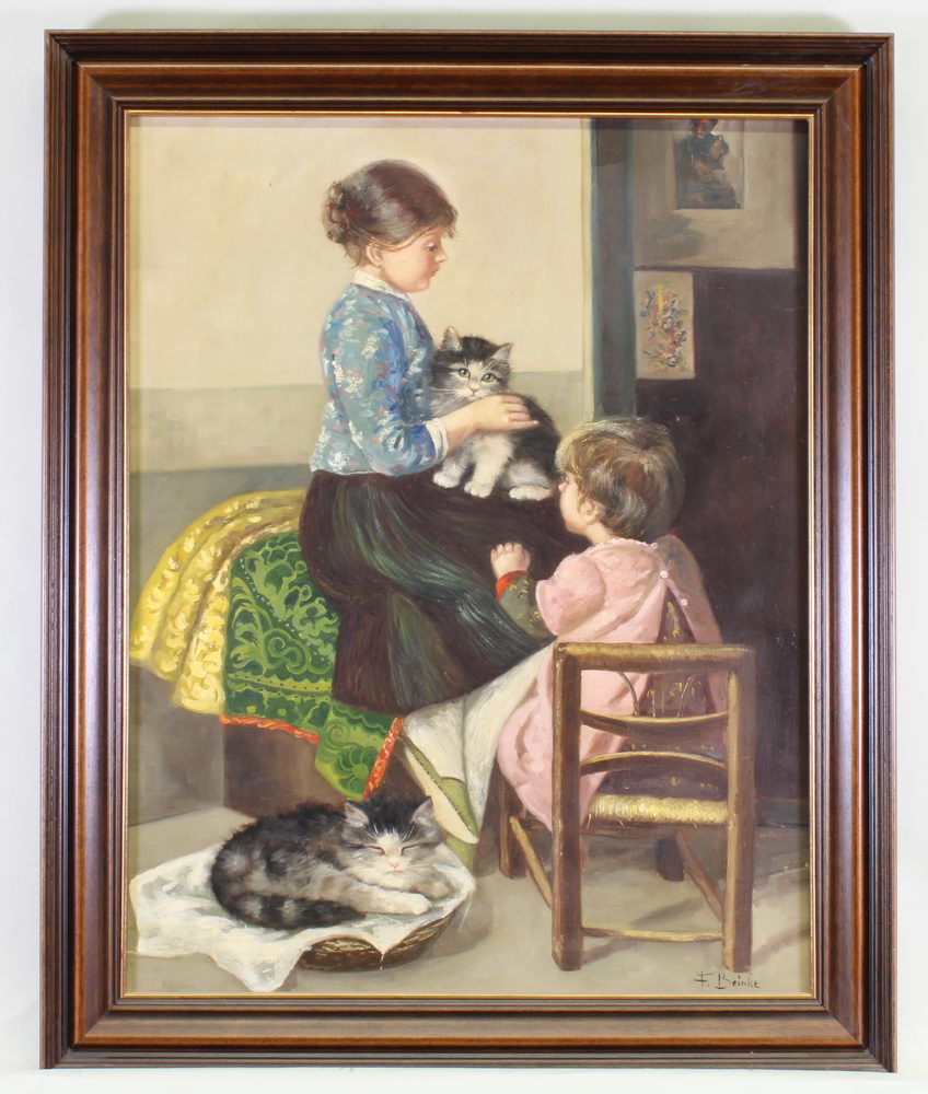 Beinke, F. (20. Jh.), "Mädchen mit Katzen", Öl auf Leinwand, signiert unten rechts F. Beinke, 70 - Image 2 of 4