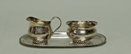 Sahnegießer, Zuckerschale, Tablett, Silber 835, Jakob Grimminger, glatt, Kordelband, 4.8-6.8 cm ho