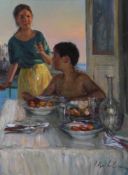 Unbekannter Künstler (20. Jh.), "Beim Frühstück", Öl auf Leinwand, undeutlich signiert unten re