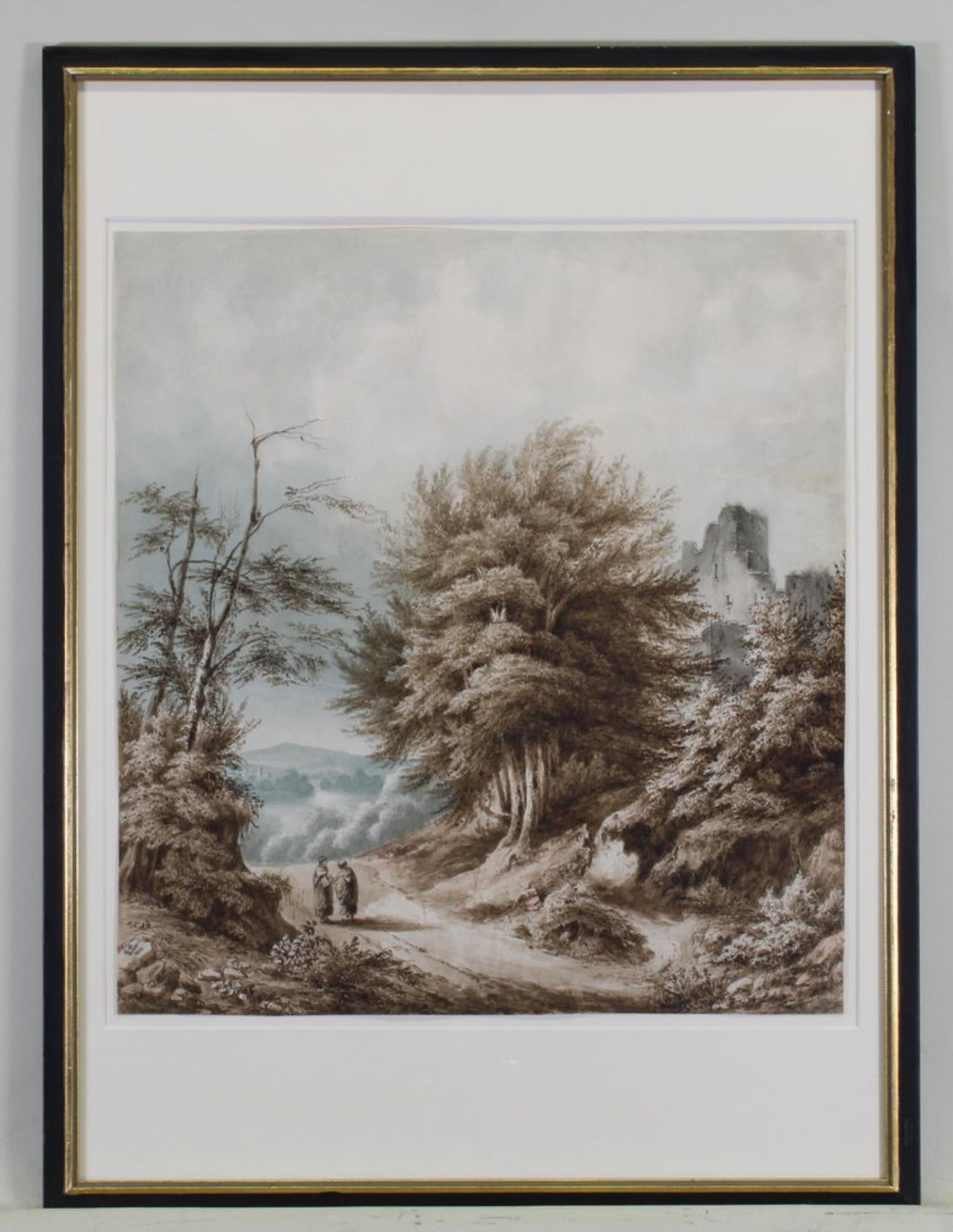 Unbekannter Zeichner (19. Jh.), "Wanderer in hügeliger Landschaft", Tusche und Aquarell, unten lin - Image 2 of 3