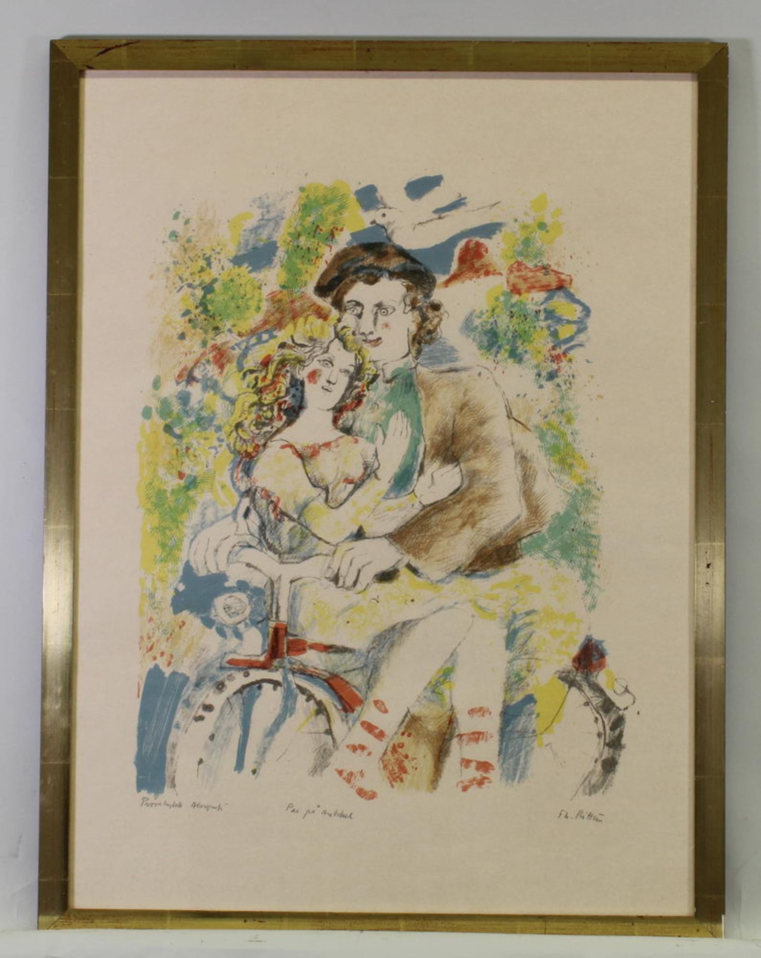 Rittun, Thorsten (1929 - 2018), "Paar auf dem Fahrrad", Farblithografie, signiert, 50 x 40 cm, leic - Image 2 of 3