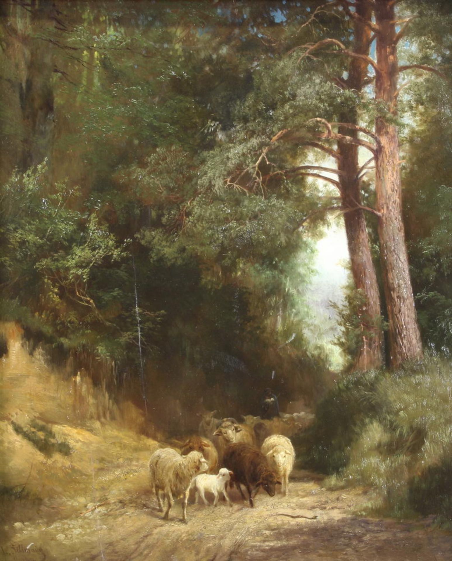 Sellmayr, Ludwig (1834 München - 1901 ebda.), "Hirte mit Schafsherde auf einem Waldweg", Öl auf H